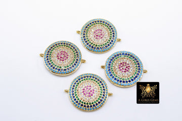 CZ Micro Pave Rainbow Disc Connector, Gold Multi Color Round Circle Charms, LGBT Pride 2 Double Loops Bracelet, Necklace Jewelry Supplies - A Girls Gems